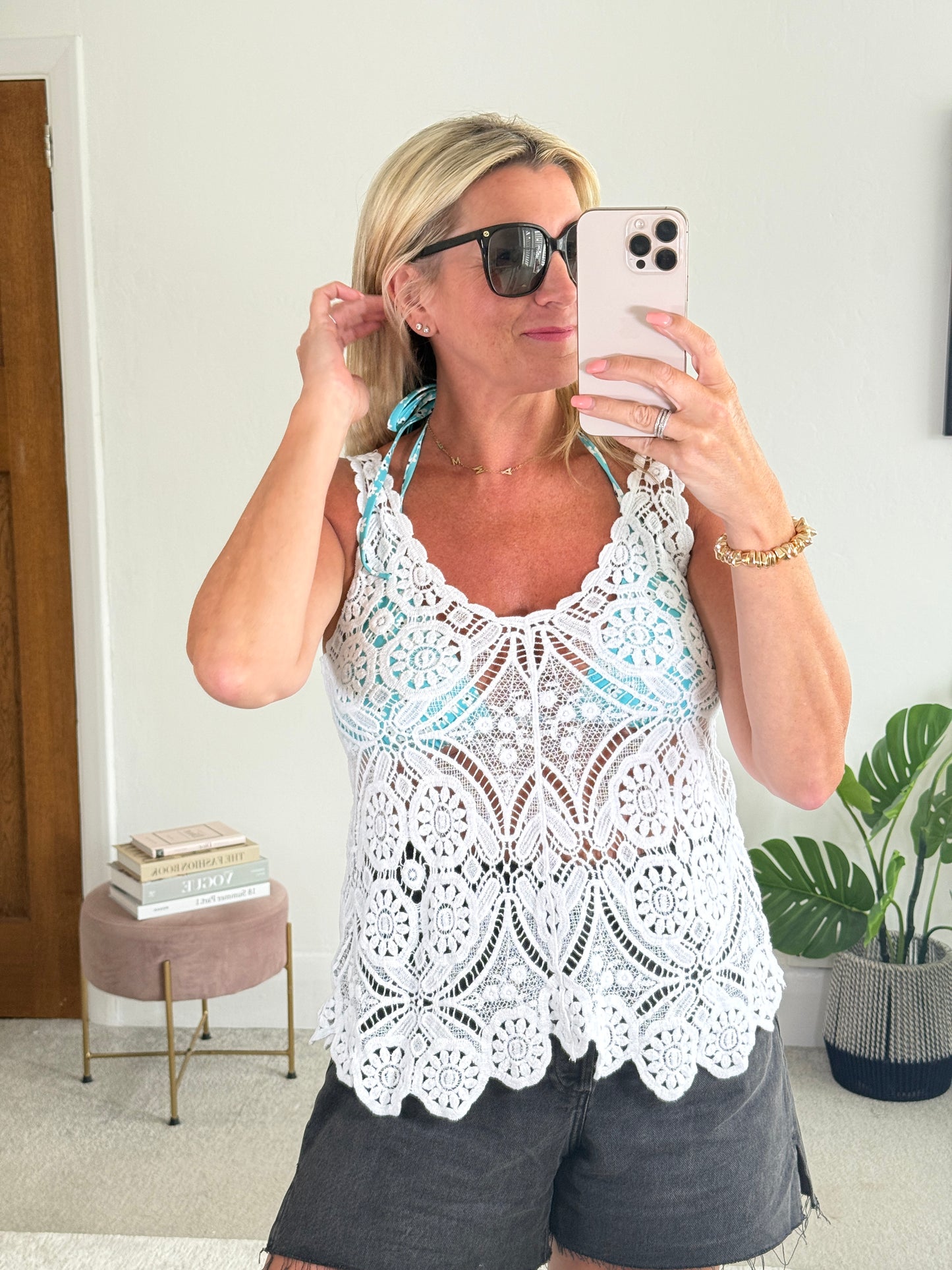White Cotton Crochet V-Neck Vest Top