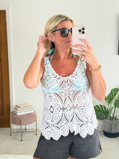 White Cotton Crochet V-Neck Vest Top