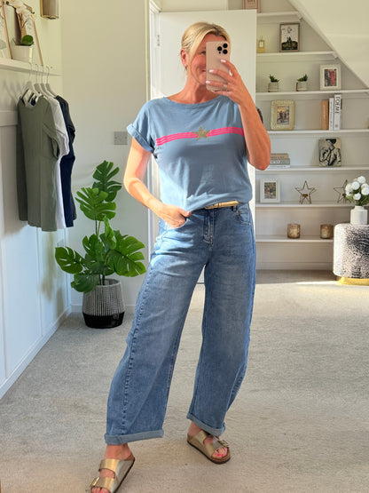 Denim Blue With Pink Stripe & Star T Shirt