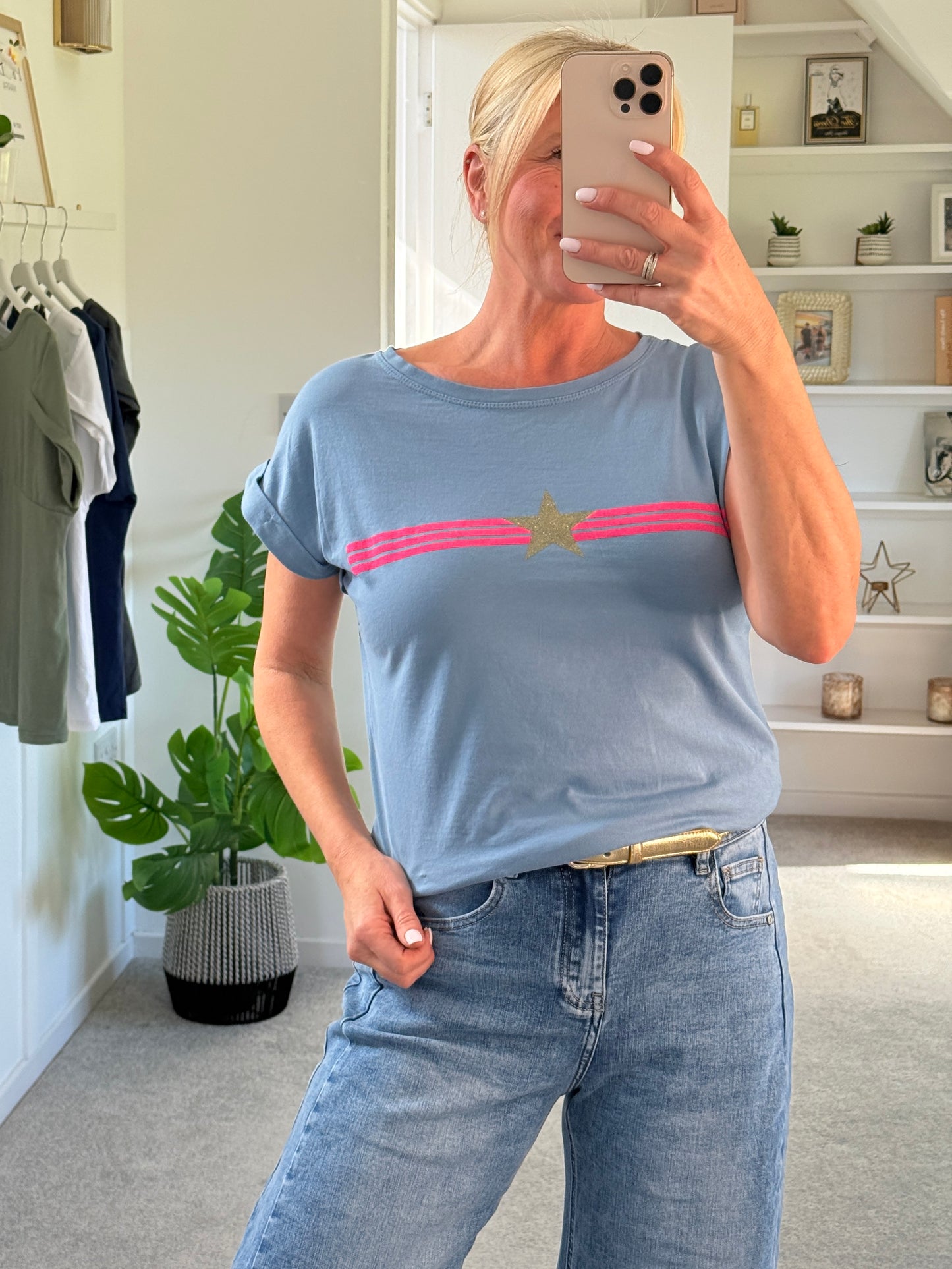 Denim Blue With Pink Stripe & Star T Shirt
