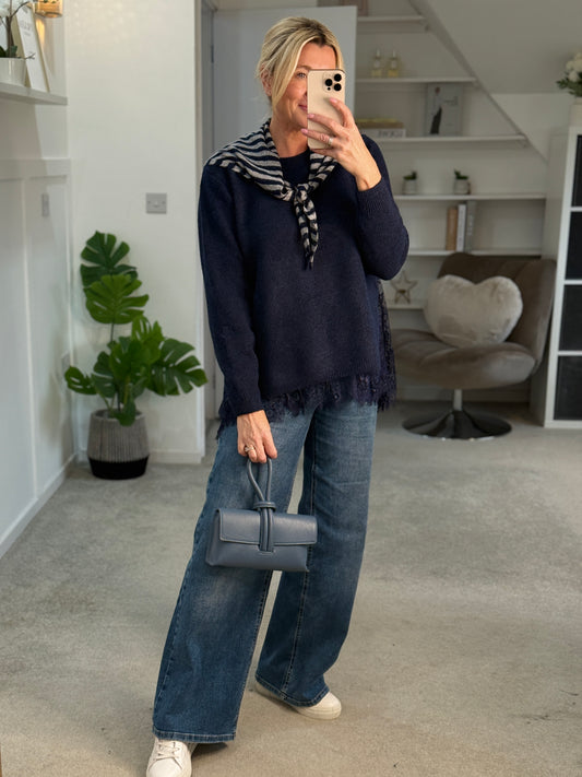 Navy Lace Hem Jumper