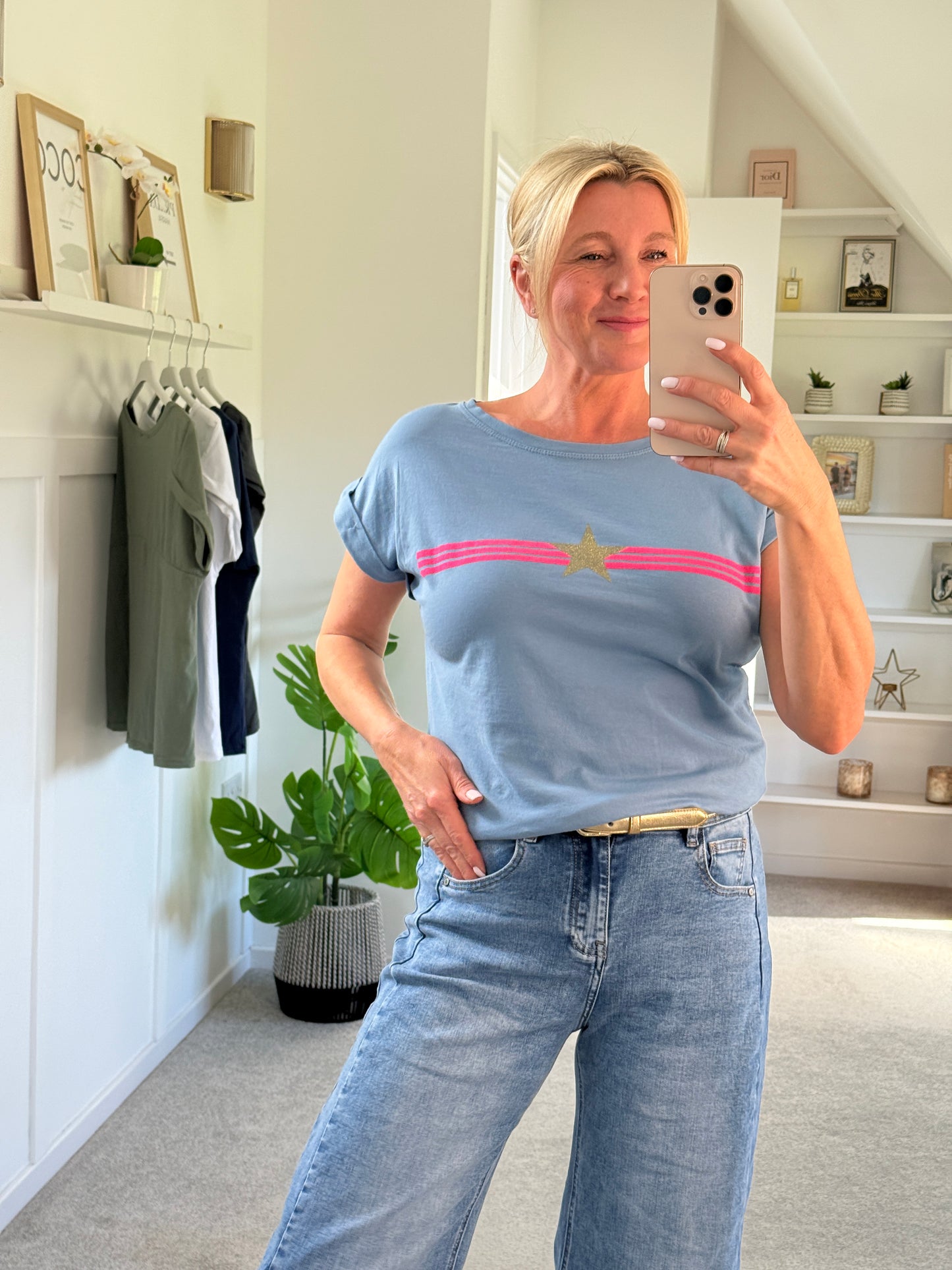 Denim Blue With Pink Stripe & Star T Shirt
