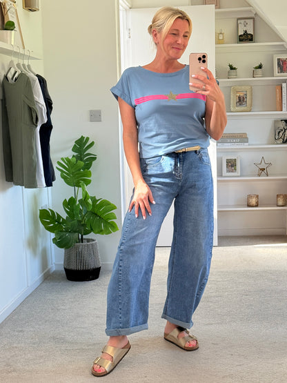 Denim Blue With Pink Stripe & Star T Shirt