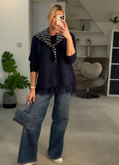 Navy Lace Hem Jumper