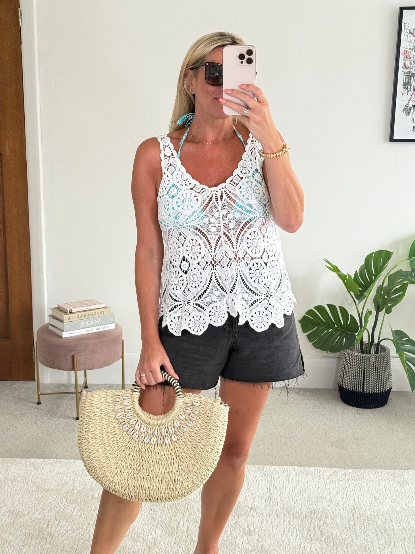 White Cotton Crochet V-Neck Vest Top