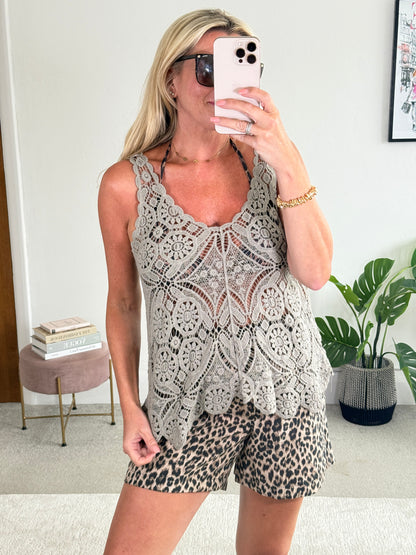 Mocha Cotton Crochet V-Neck Vest Top