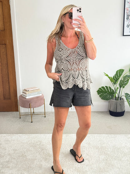 Mocha Cotton Crochet V-Neck Vest Top