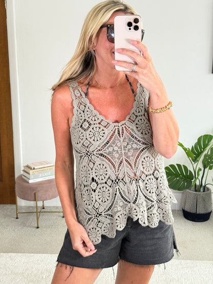 Mocha Cotton Crochet V-Neck Vest Top