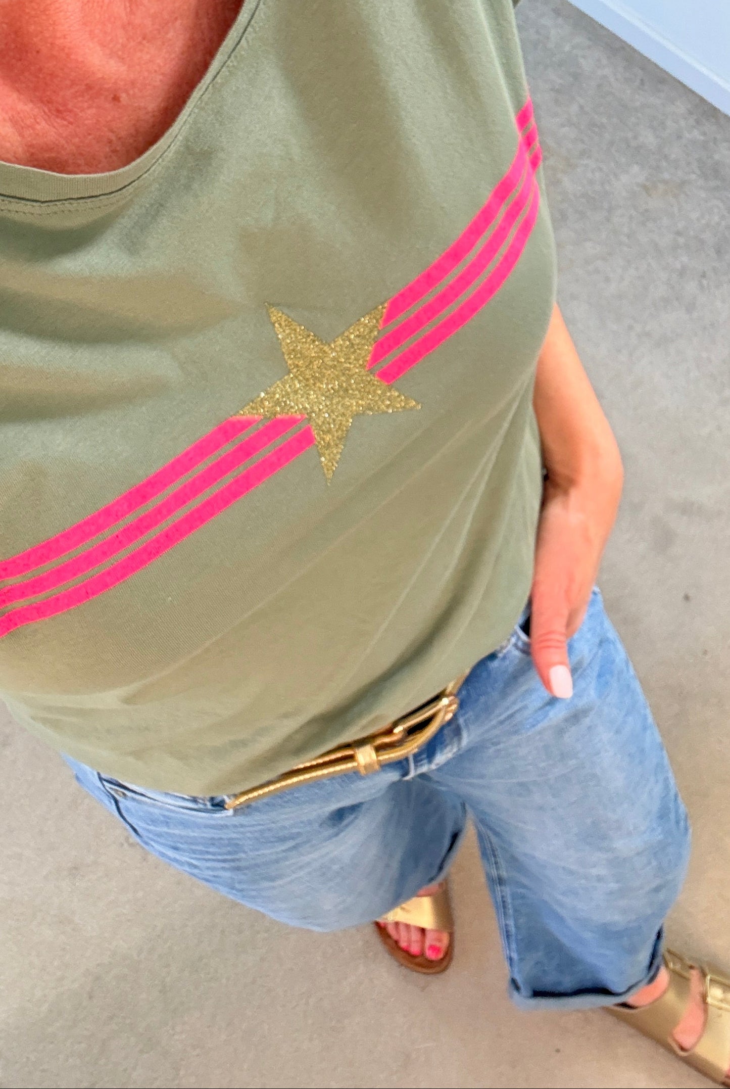 Khaki With Pink Stripe & Star T Shirt