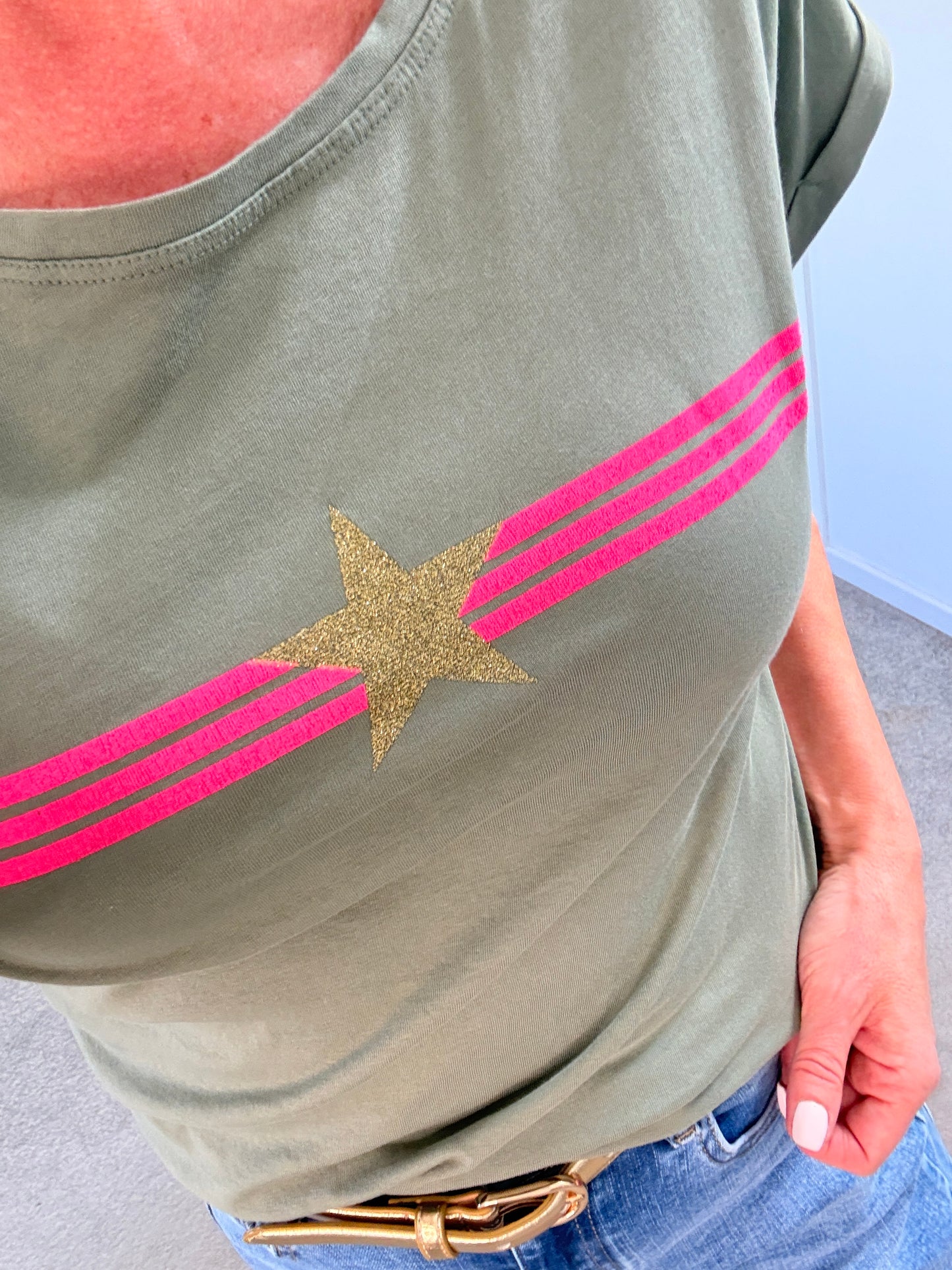 Khaki With Pink Stripe & Star T Shirt