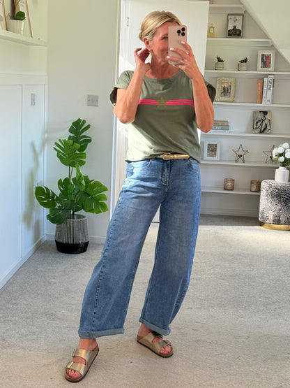 Khaki With Pink Stripe & Star T Shirt
