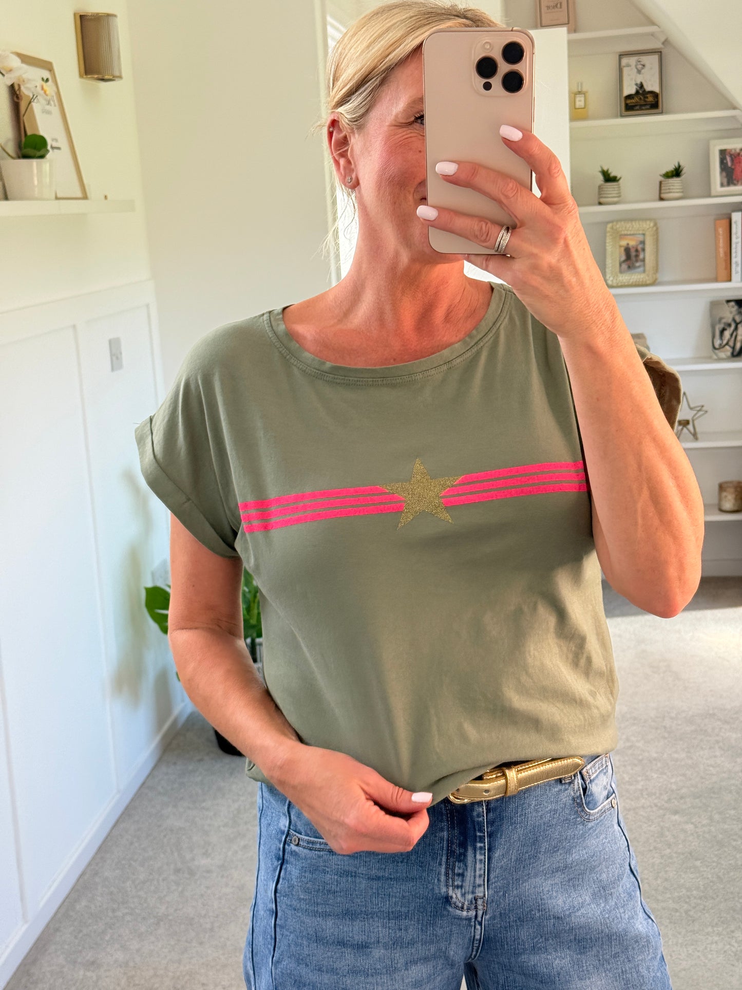 Khaki With Pink Stripe & Star T Shirt