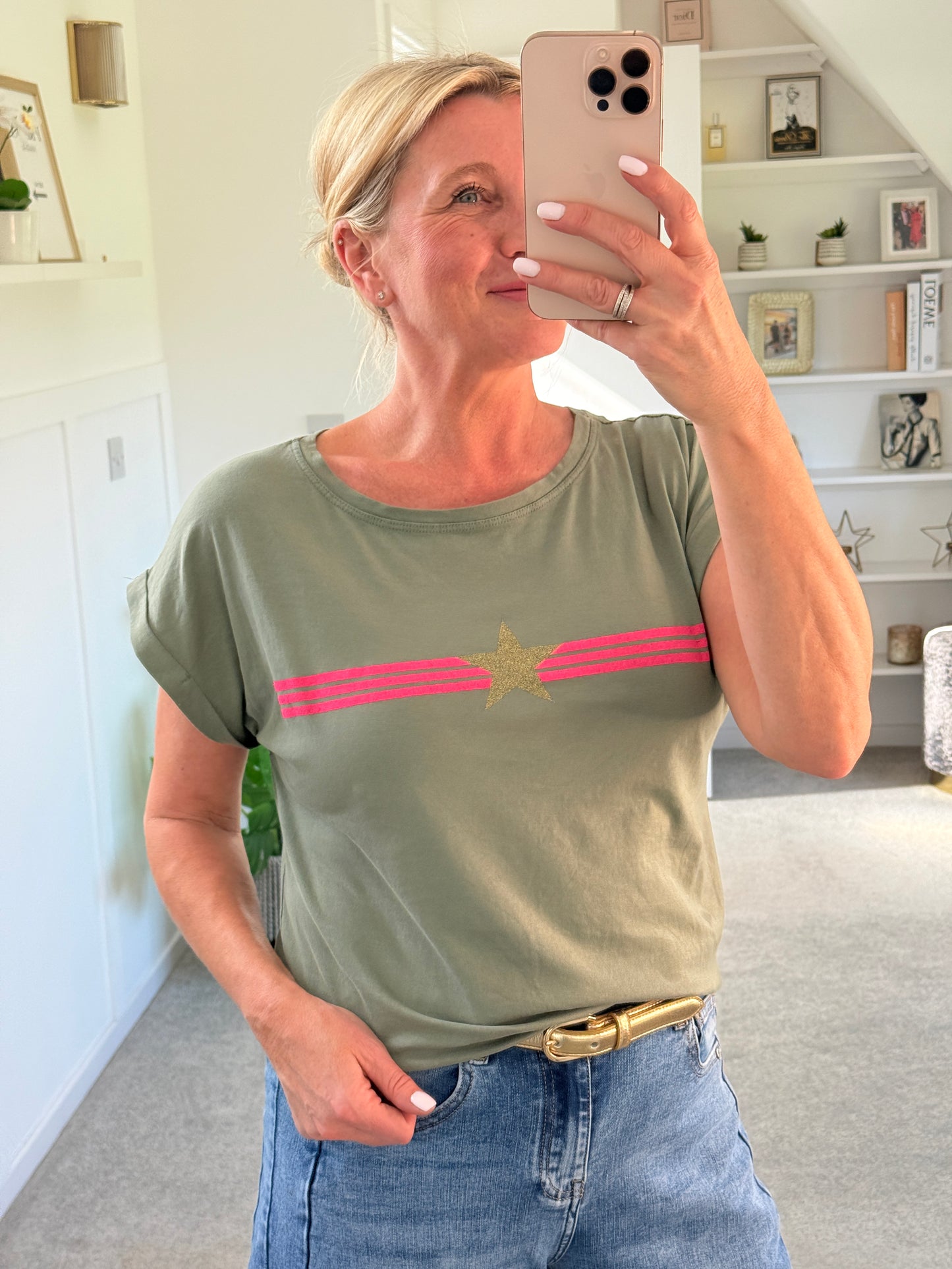 Khaki With Pink Stripe & Star T Shirt