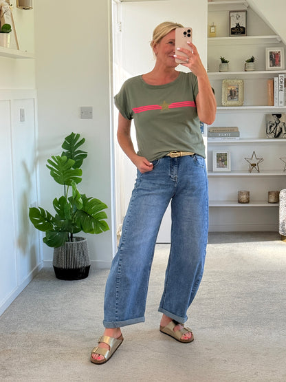 Khaki With Pink Stripe & Star T Shirt