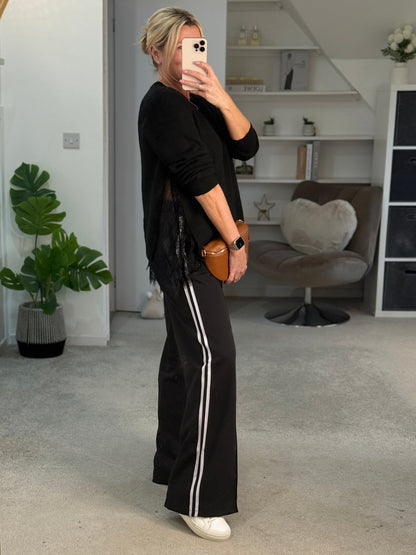 Grey Twill Double Stripe Wide Leg Trousers