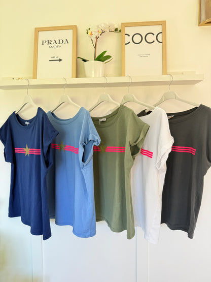 Denim Blue With Pink Stripe & Star T Shirt