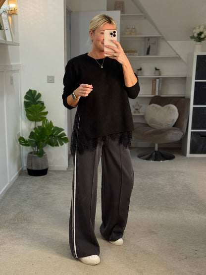 Grey Twill Double Stripe Wide Leg Trousers