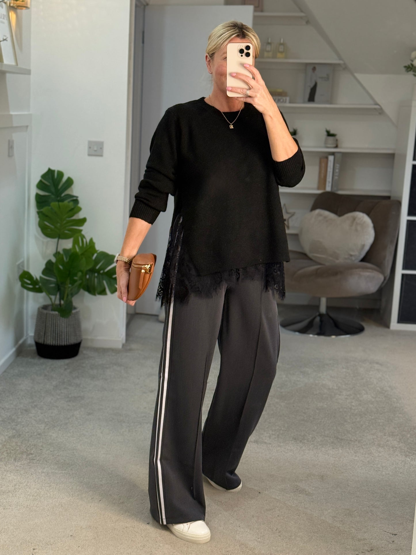 Grey Twill Double Stripe Wide Leg Trousers