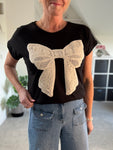 Black Crochet Bow T Shirt