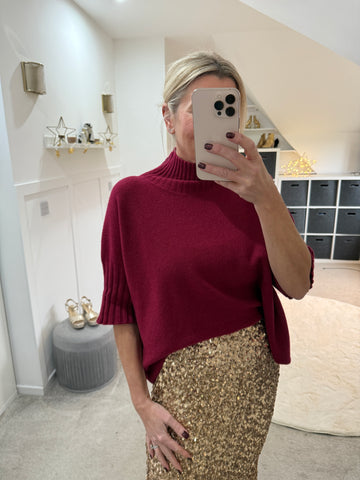 Burgundy Half Sleeve High Neck Jumper