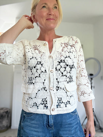 Stone Crochet Cardigan with Gold Buttons