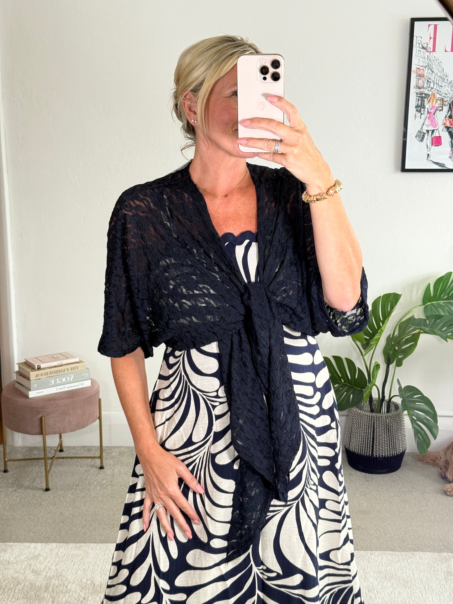 Navy Lace Tie Front Bolero Cardigan