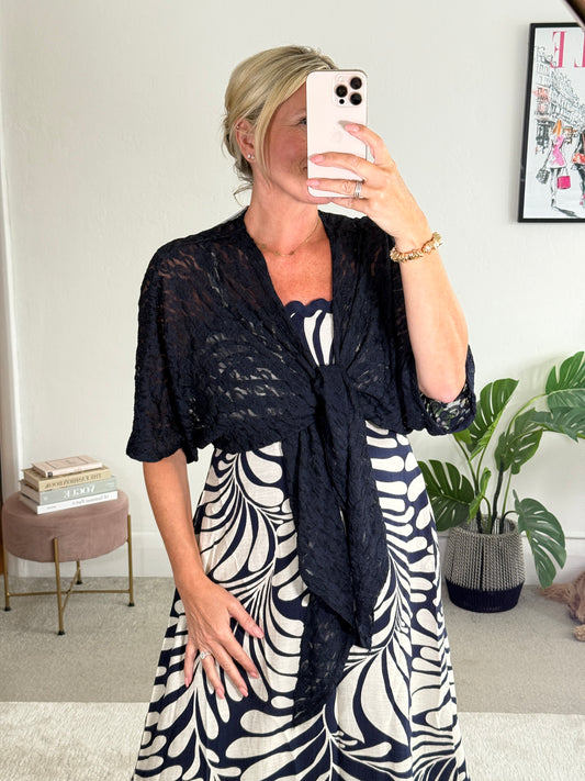 Navy Lace Tie Front Bolero Cardigan