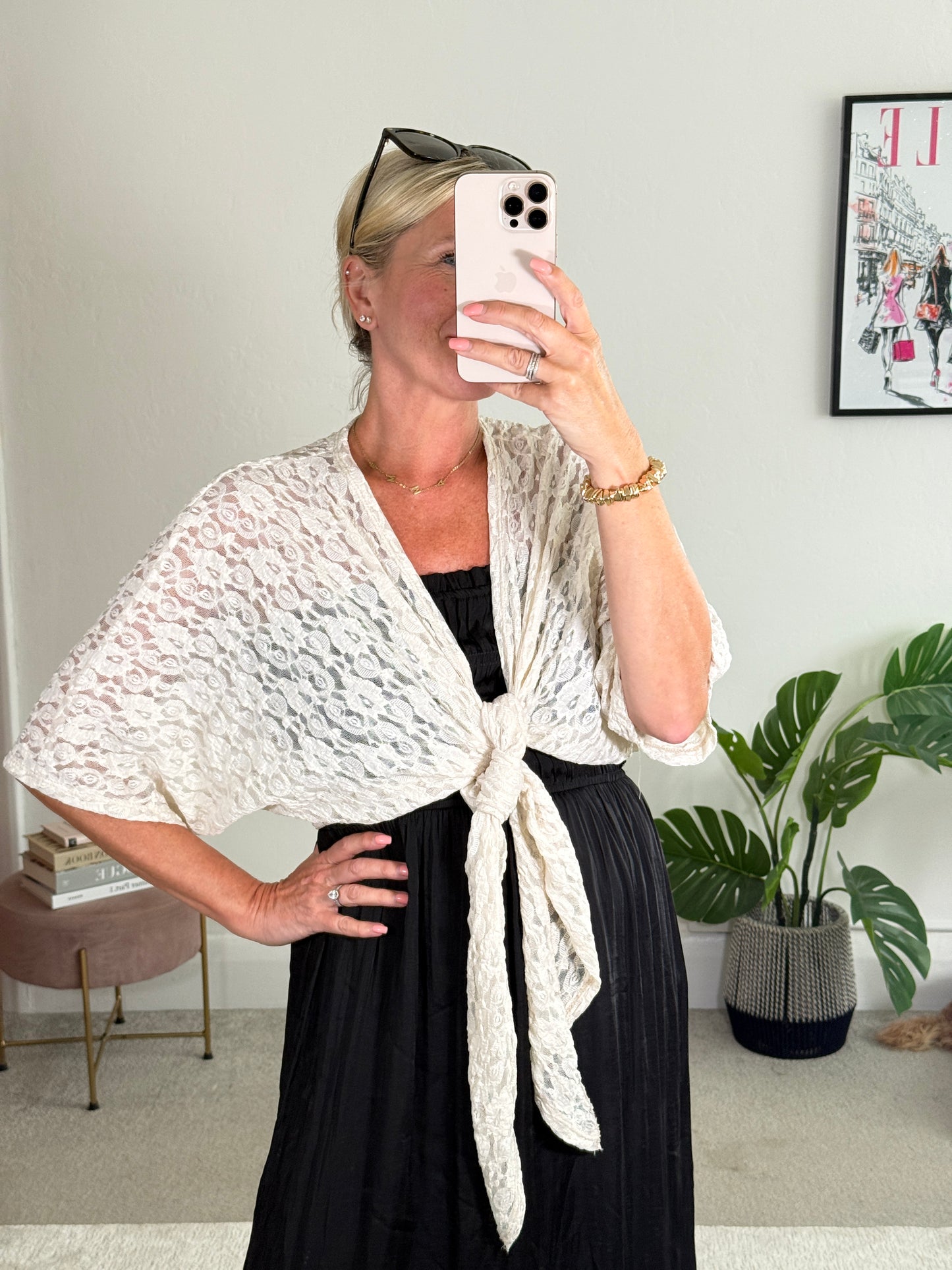 Beige Lace Tie Front Bolero Cardigan
