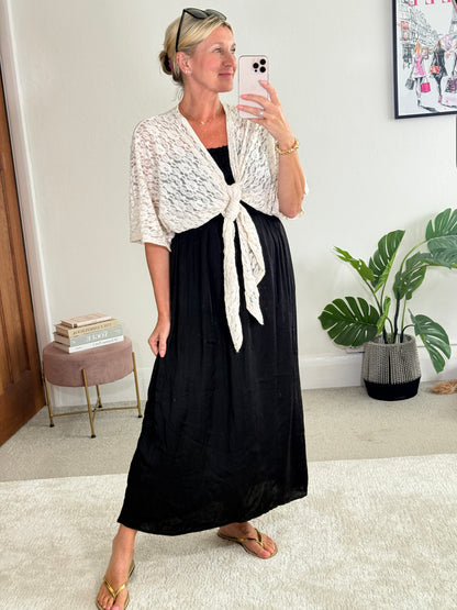 Beige Lace Tie Front Bolero Cardigan