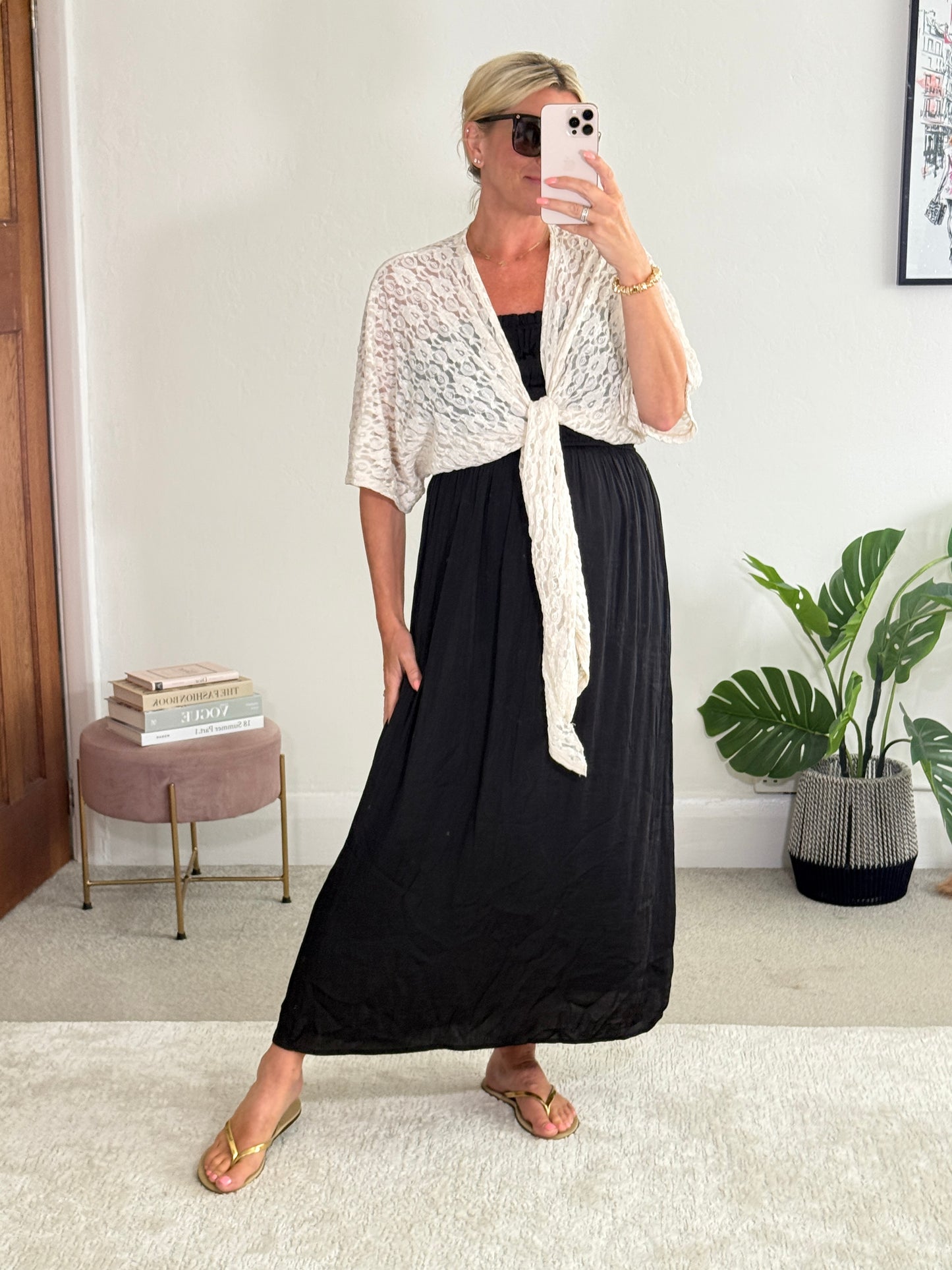 Beige Lace Tie Front Bolero Cardigan