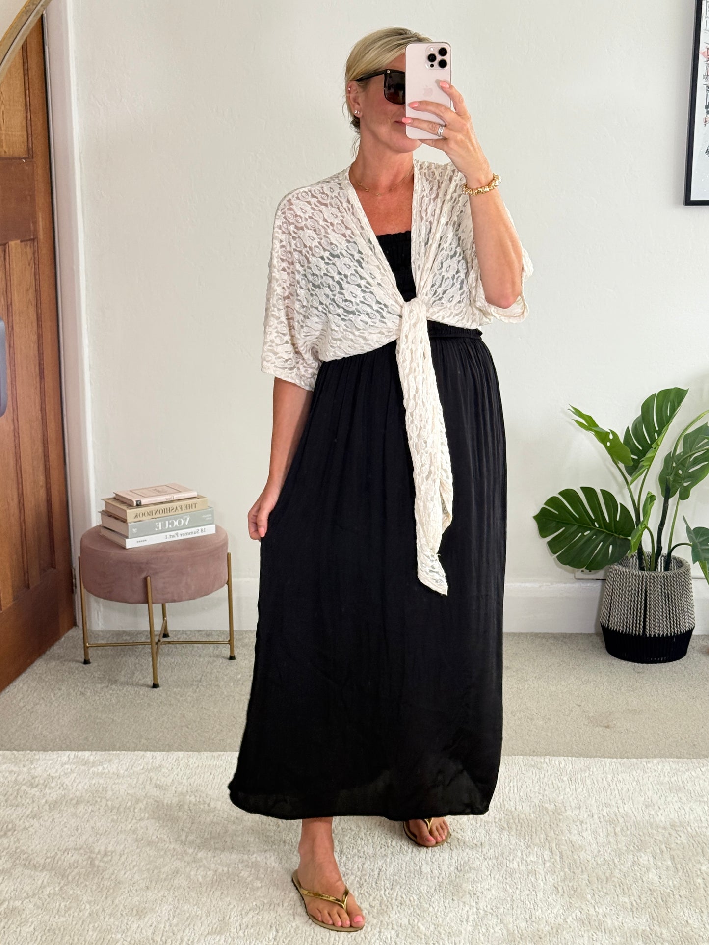 Beige Lace Tie Front Bolero Cardigan