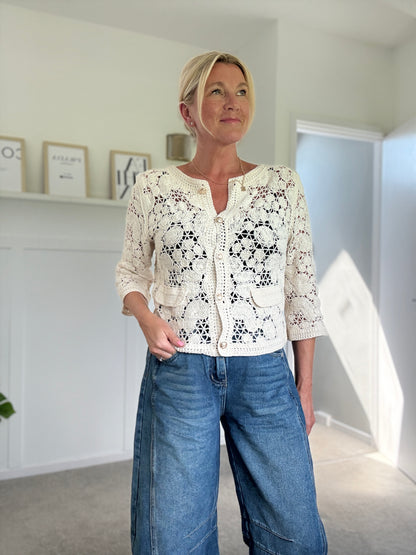 Stone Crochet Cardigan with Gold Buttons