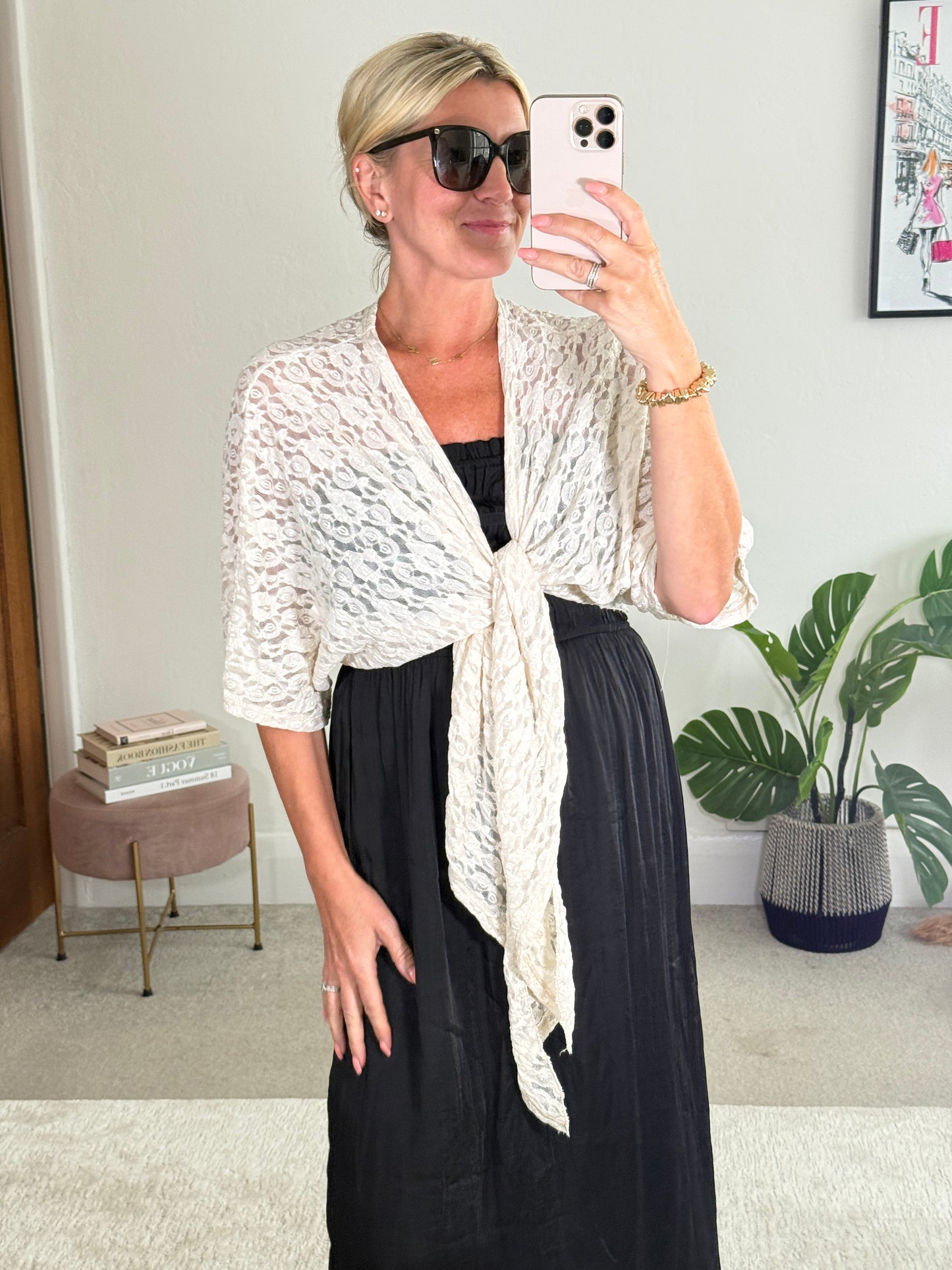 Beige Lace Tie Front Bolero Cardigan