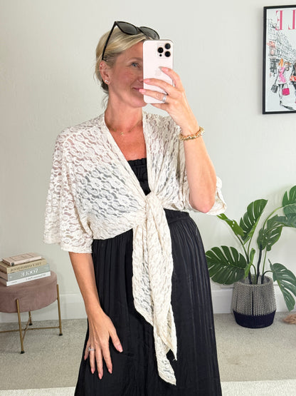 Beige Lace Tie Front Bolero Cardigan