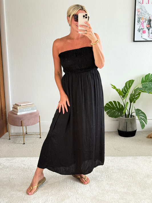 Black Strapless Shirred Dress