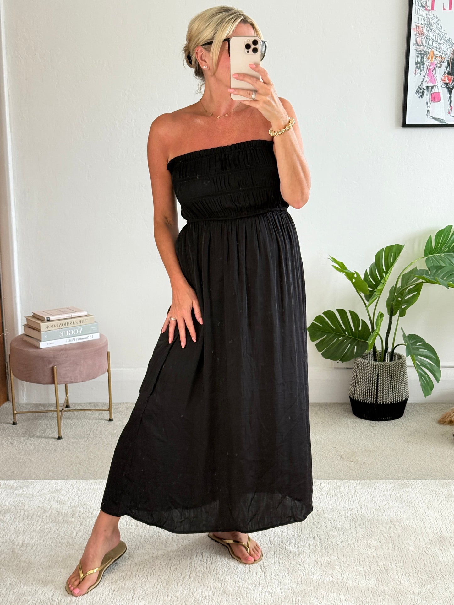 Black Strapless Shirred Dress