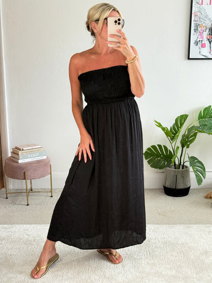 Black Strapless Shirred Dress