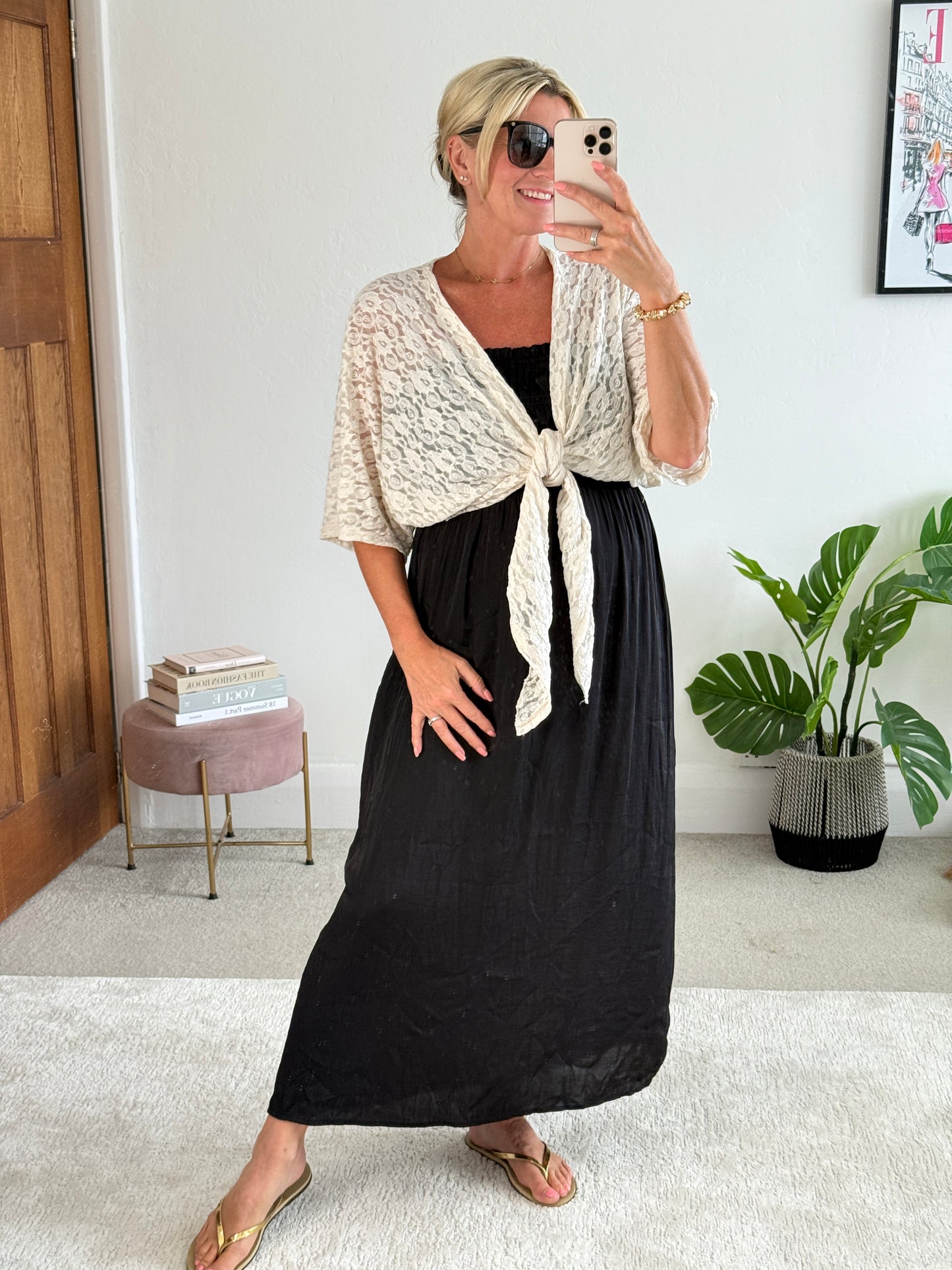 Beige Lace Tie Front Bolero Cardigan