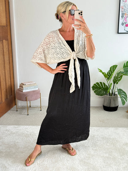 Beige Lace Tie Front Bolero Cardigan