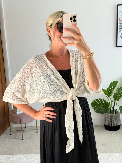 Beige Lace Tie Front Bolero Cardigan