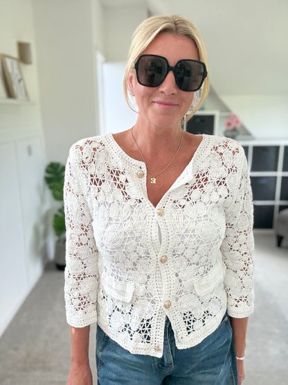 Stone Crochet Cardigan with Gold Buttons