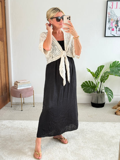 Beige Lace Tie Front Bolero Cardigan