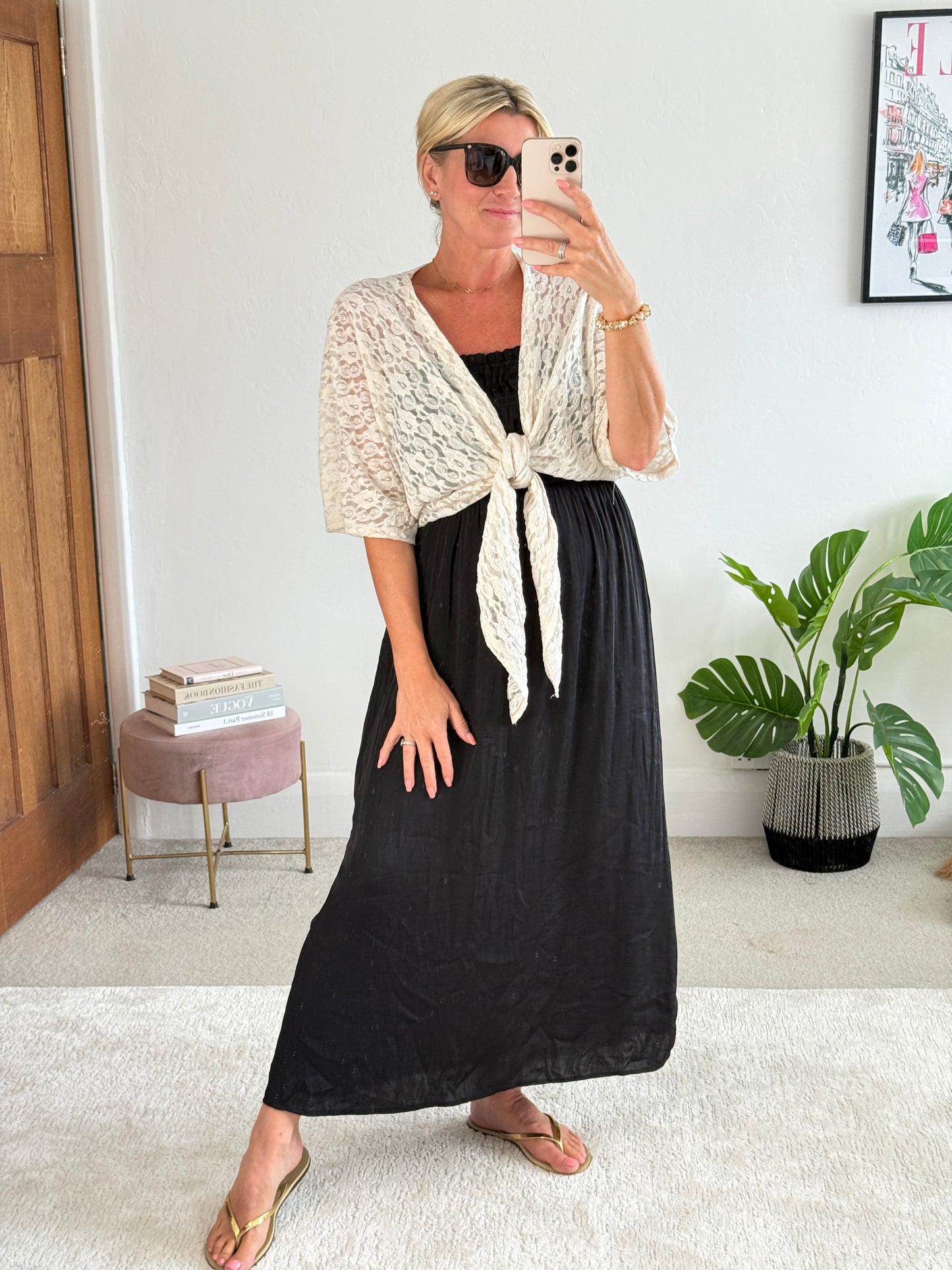 Beige Lace Tie Front Bolero Cardigan