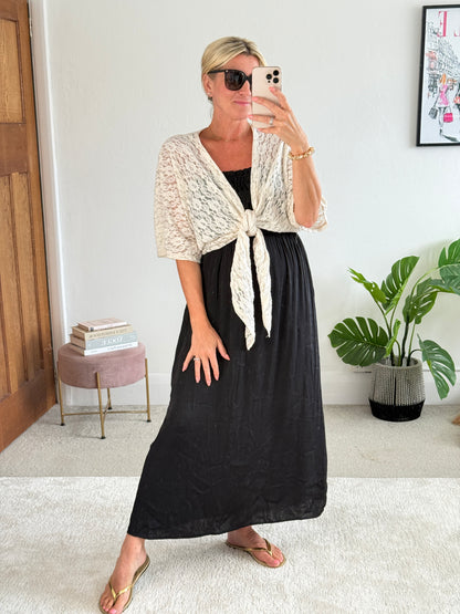 Beige Lace Tie Front Bolero Cardigan