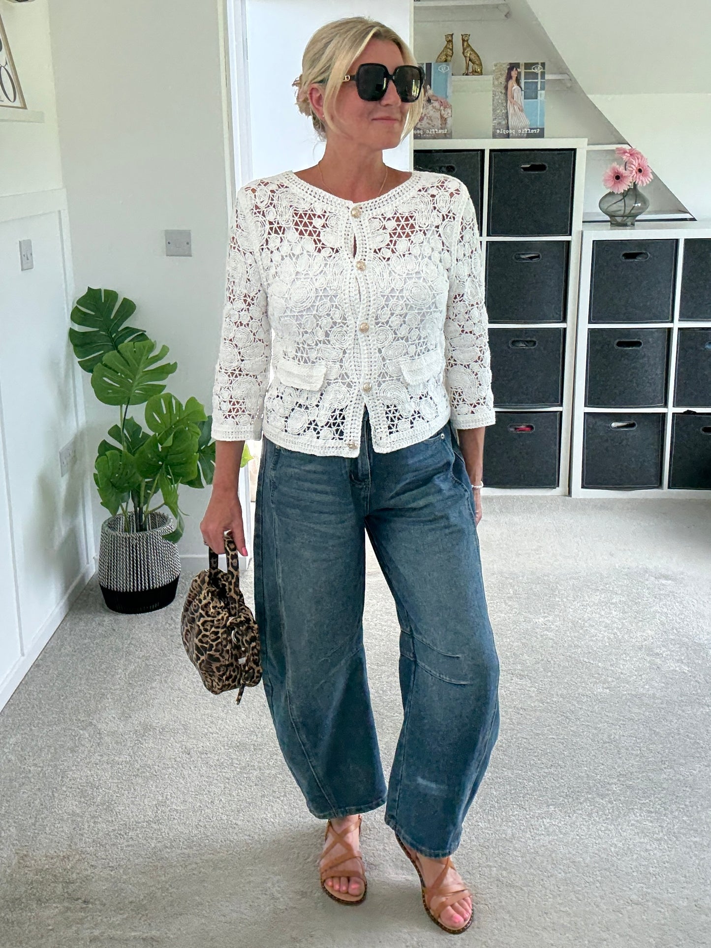 Stone Crochet Cardigan with Gold Buttons