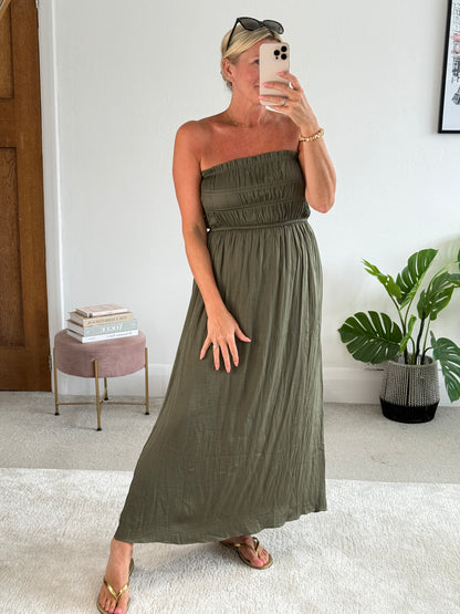 Khaki Strapless Shirred Dress
