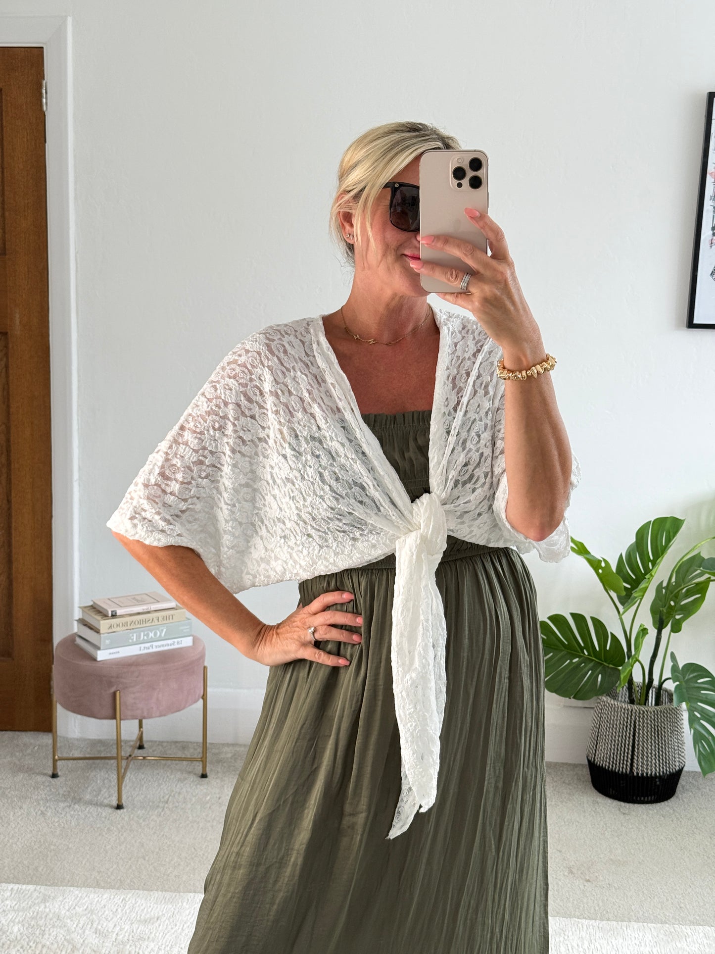 White Lace Tie Front Bolero Cardigan