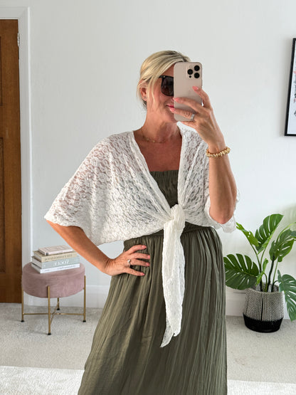 White Lace Tie Front Bolero Cardigan