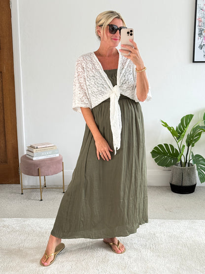 Khaki Strapless Shirred Dress