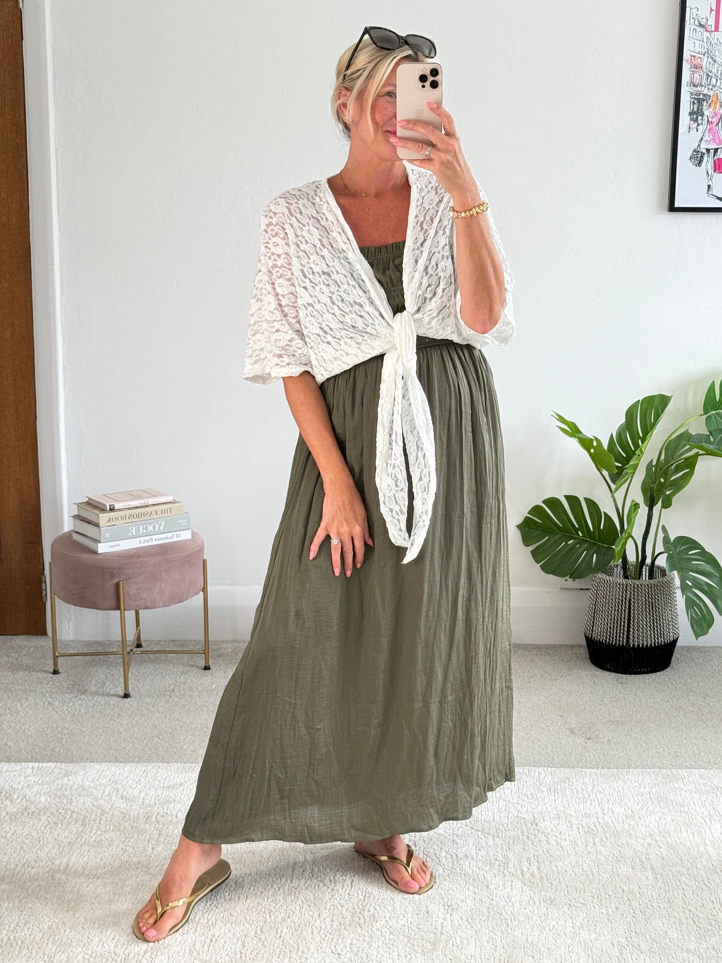 Khaki Strapless Shirred Dress